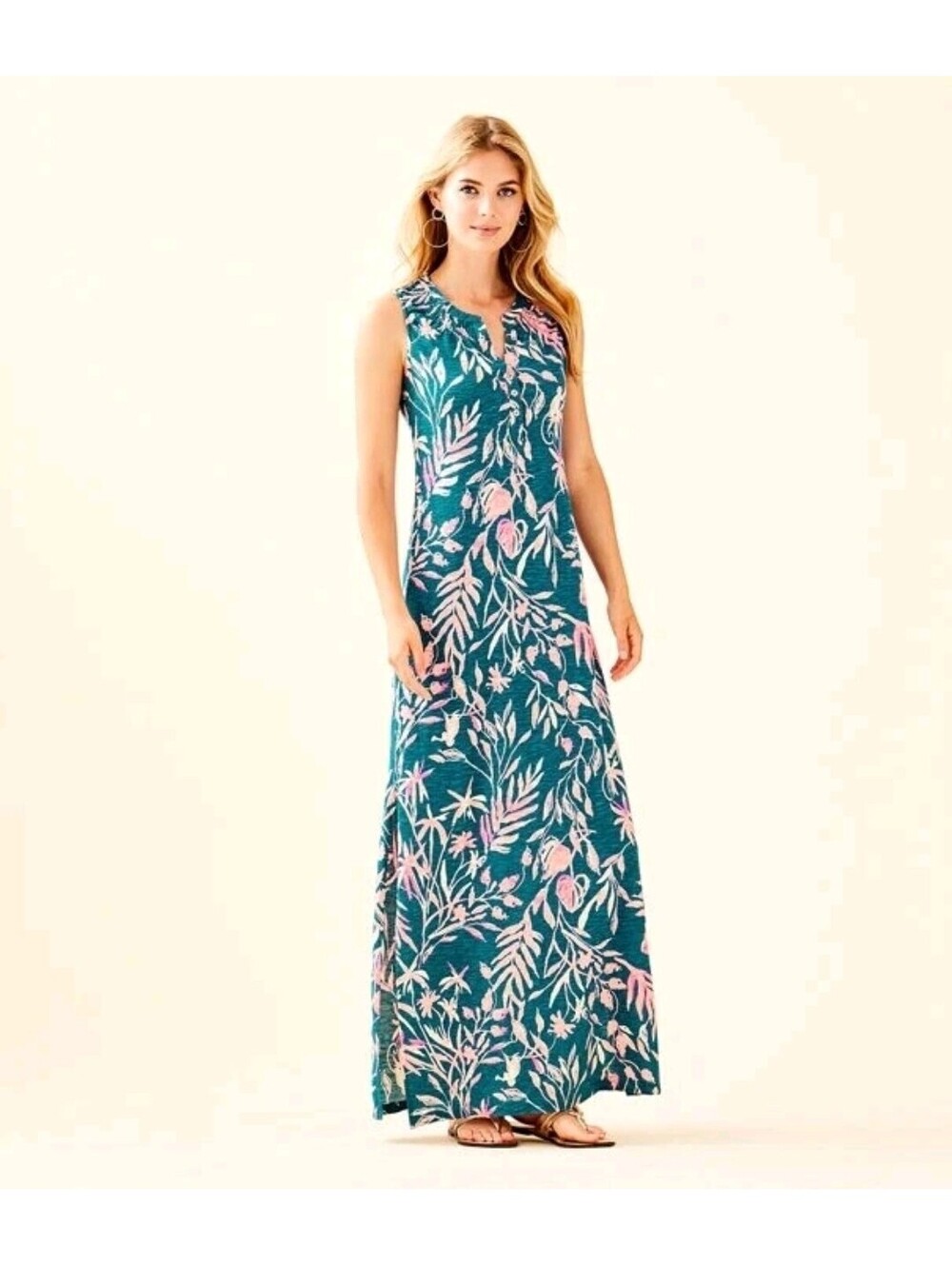 Lilly Pulitzer ESSIE MAXI DRESS Womens M Tidal Wave its Prime Time Floral Teal